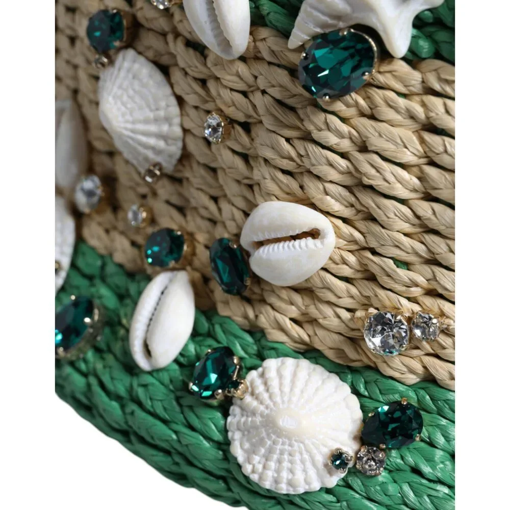 Dolce & Gabbana Beige Green Rafia Seashells Crystal Bucket Bag - Picture 6 of 8